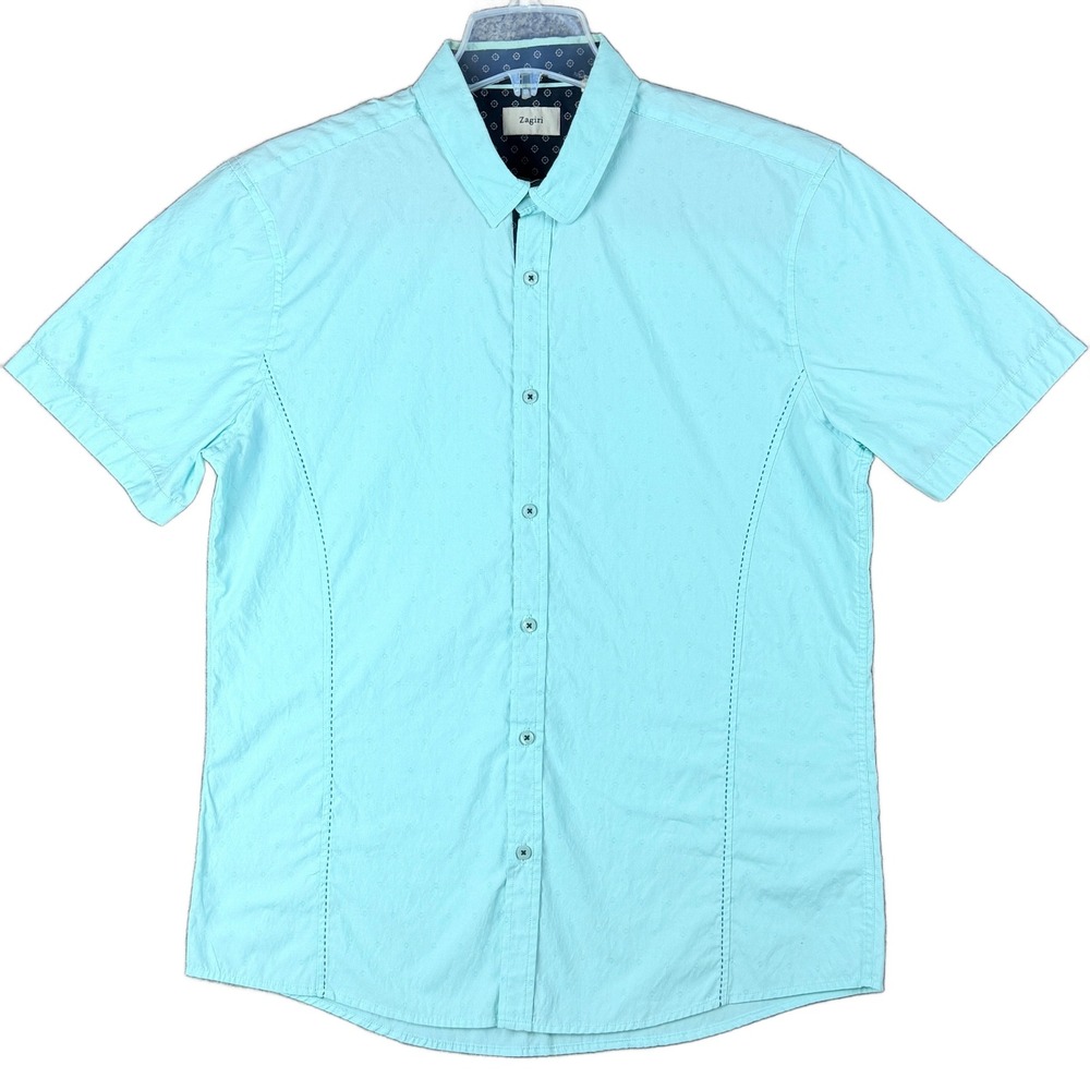 Zagiri Men's L Aqua Mint Green Jacquard Short Sleeve Button Down Shirt Summer